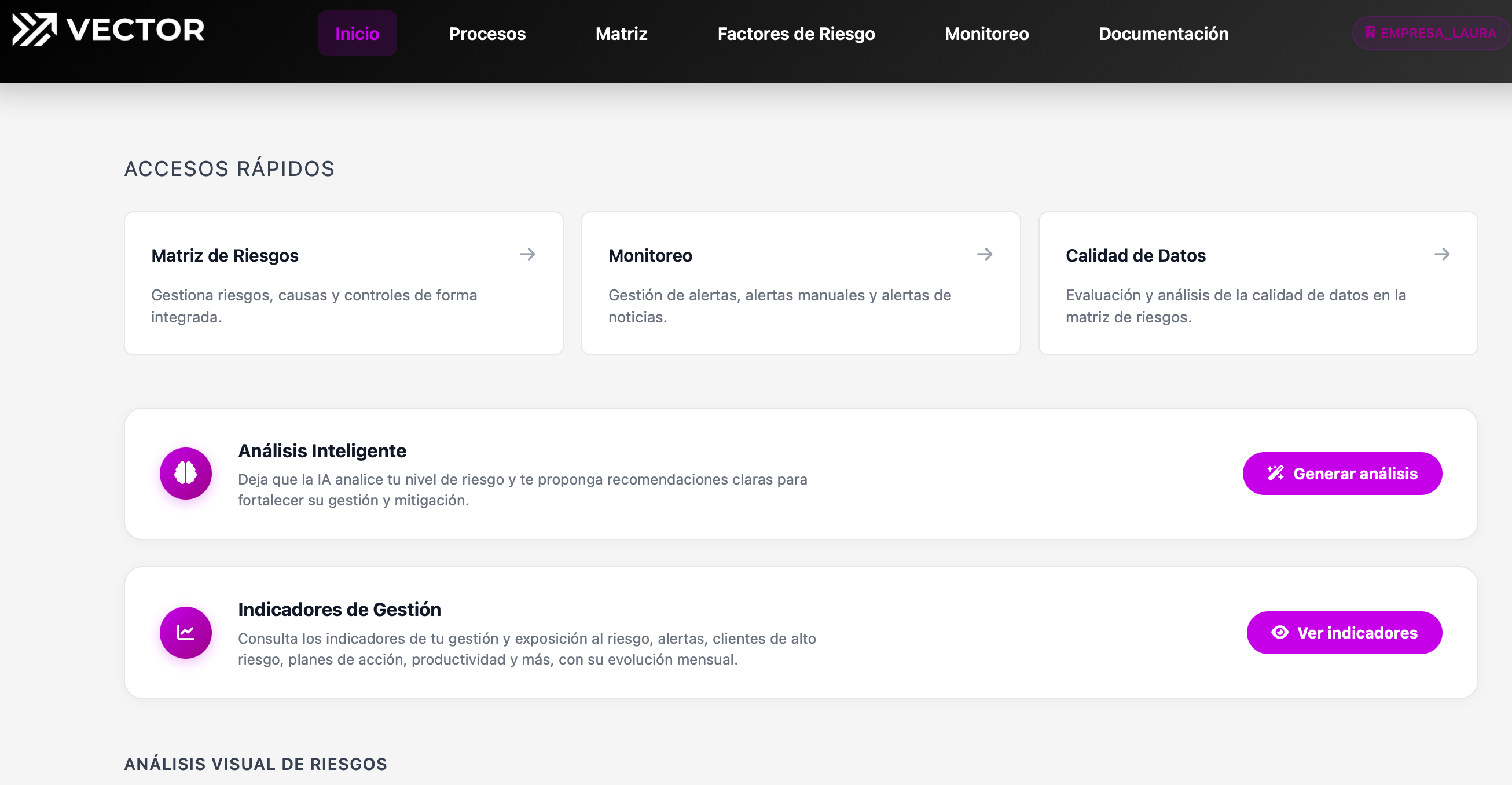 Vector — panel de gestión de riesgos con IA: accesos rápidos, análisis inteligente e indicadores de gestión